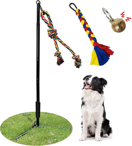 Outdoor Dog Toy,Interactive Exercise Game in Yard Park Tug of War Tether for Large Medium Small Dog with 2 Rope Toy and Bell Pull Chase and Solo Play
