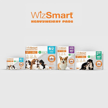 WizSmart Heavyweight Dog Pads – Absorbent, Leak-Proof Pet Training Pads with Stay Put Tabs – Indoor & Outdoor Use for Small Dogs, Crates, Travel – Eco Friendly Upcycled Materials, 50 Count