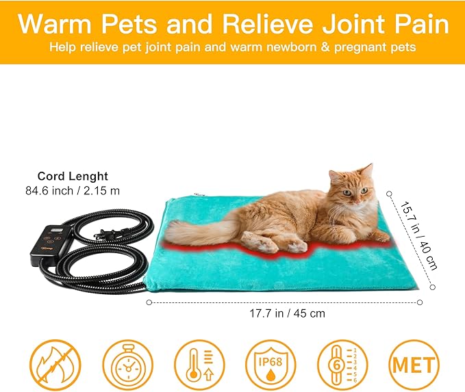 Toozey Pet Heating Pad, 6 Adjustable Temperature Dog Cat Heating Pad with Timer, Indoor Pet Heating Pads for Cats Dogs with Chew Resistant Cord, Electric Pads for Dogs Cats, Pet Heated Mat