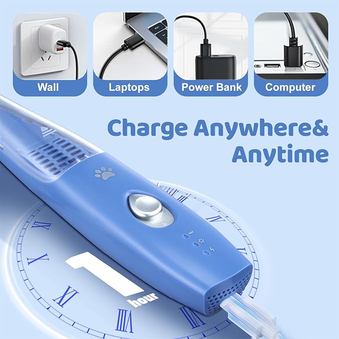 Dog Cat Home Hair Clipper Vacuum Portable Electric USB Rechargeable Pet Grooming Tools,Blue