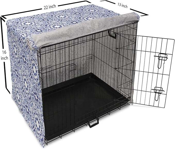 Lunarable Traditional Dog Crate Cover, Circular Flowers and Stripes Russian Gzhel Pattern Classic Motifs, Easy to Use Pet Kennel Cover for Small Dogs Puppies Kittens, 22 Inch, Pale Blue