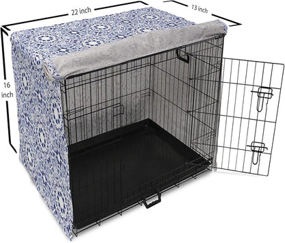 Lunarable Traditional Dog Crate Cover, Circular Flowers and Stripes Ethnic Gzhel Pattern Classic Motifs Art, Easy to Use Pet Kennel Cover for Small Dogs Puppies Kittens, 22 Inch, Pale Blue