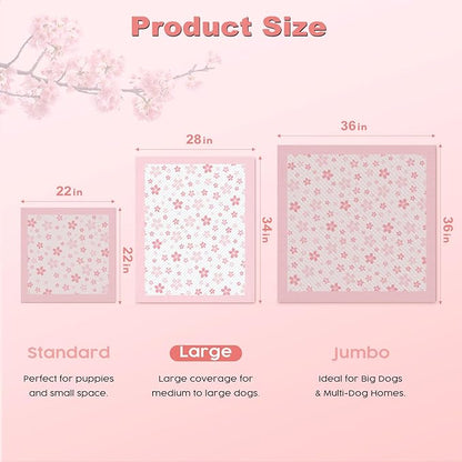 MIZOK Dog Pee Pads 28x34in Pink, Puppy Pads Extra Large Absorbent with Adhesive Tabs 6-Layer Leak-Proof Quick-Dry Design Odor Control for Potty Training, Cherry Blossom Prints (40 Counts)