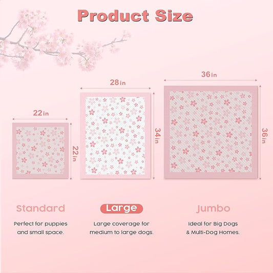 MIZOK Dog Pee Pads 28x34in Pink, Puppy Pads Extra Large Absorbent with Adhesive Tabs 6-Layer Leak-Proof Quick-Dry Design Odor Control for Potty Training, Cherry Blossom Prints (40 Counts)
