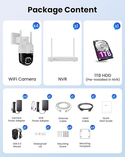 Loocam 4K Wireless Security Camera System Wi-Fi 6, Color Night Vision, 355° Pan 95° Tilt, Light & Siren Alarm, Human Vehicle Detection, Two-Way Audio for Indoor Outdoor, 8CH NVR 1TB HDD Included