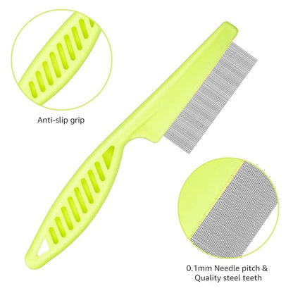 Flea Comb for Cats Dog Comb Lice Comb Metal Teeth Durable Tear Stain Dog Combs Remove Float Hair Combing Tangled Hair Dandruff Pet Comb Grooming Set 3 Pieces Add Storage Pouch (Green)