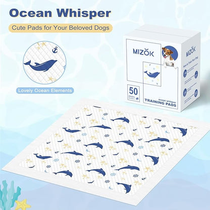 MIZOK Puppy Pads, 22"x22" Dolphin Print Dog Pee Pads with Adhesive Tabs, 6-Layer Leak-Proof Super Absorbent, Quick-Dry Disposable (50 Count)