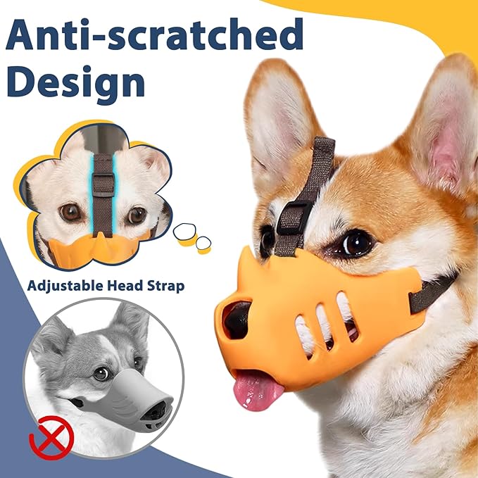 LUCKYPAW Dog Muzzle, Soft Muzzle for Small Medium Dogs Poodle Dachshund, Breathable Silicone Cage Mouth Cover to Prevent Biting Chewing, Funny Rhino Shaped Muzzle with Adjustable Head Strap(Yellow,XL)