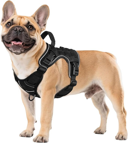 WINGOIN Black Tactical Dog Harness for Small Dogs, Heavy Duty No Pull Harness with Handle, Adjustable Reflective Military K9 Pet Vest for French Bulldog, Pug, Walking, Training, Hunting (S)