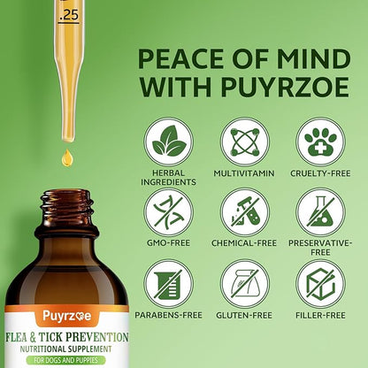 Natural Flea and Tick Prevention for Dogs, 60ML Herbal Formula with Multivitamins, Pumpkin Seed, Flea and Tick Treatment Supplement Drops for Dogs & Puppies - Supports Immunity, Skin & Coat Support