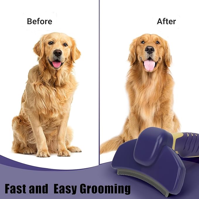 HOP Dog Deshedding Brush for Short Haired Dogs Cats Pets Professional Deshedding Tool Anti-Slip Handle & Detachable Head Highly Effective Deshedder Grooming Home of Paws(Purple_L)