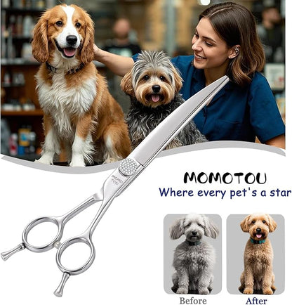 Professional Curved Dog Grooming Scissors with Simulation Diamond 440C Stainless Steel Polished Pet Cat Hair Cutting Shears for Groomers and Home users 7.5''