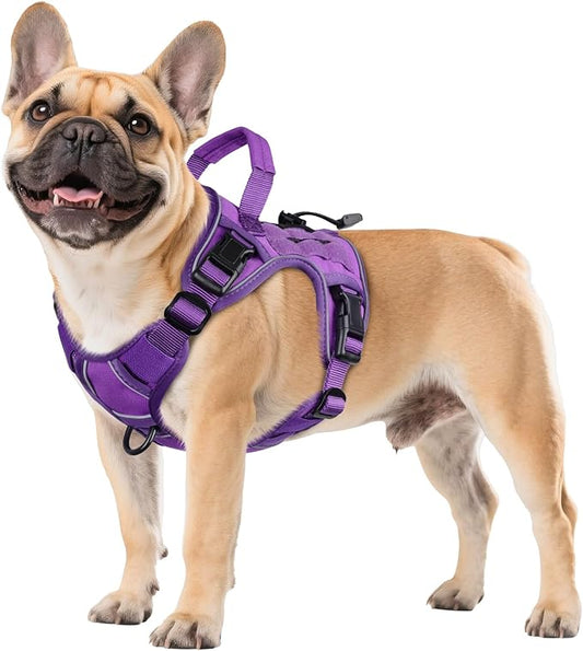 WINGOIN Purple Tactical Dog Harness for Small Dogs, Heavy Duty No Pull Harness with Handle, Adjustable Reflective Military K9 Pet Vest for French Bulldog, Pug, Walking, Training, Hunting (S)