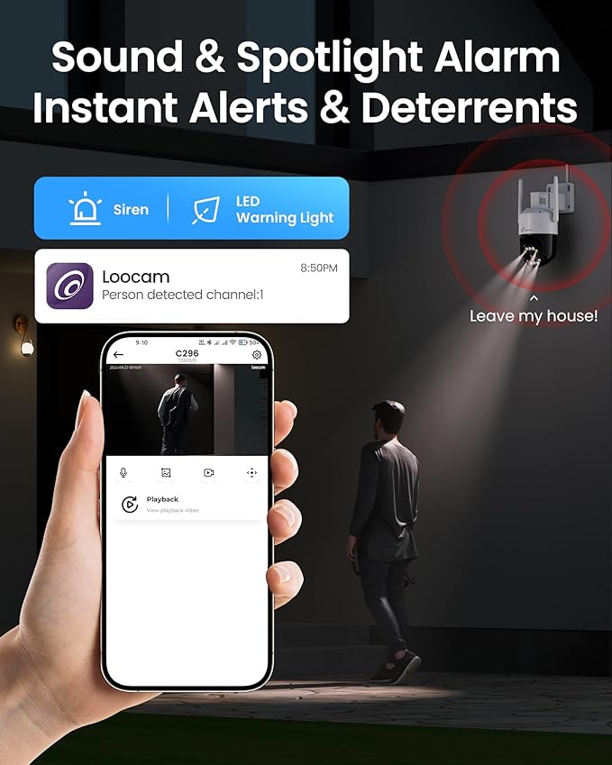 Loocam 4K Wireless Security Camera System Wi-Fi 6, Color Night Vision, 355° Pan 95° Tilt, Light & Siren Alarm, Human Vehicle Detection, Two-Way Audio for Indoor Outdoor, 8CH NVR 1TB HDD Included