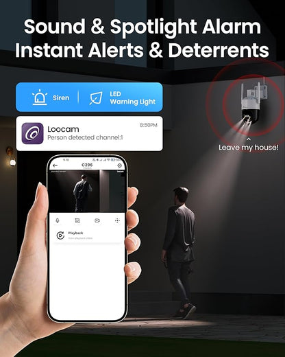 Loocam 4K Wireless Security Camera System Wi-Fi 6, Color Night Vision, 355° Pan 95° Tilt, Light & Siren Alarm, Human Vehicle Detection, Two-Way Audio for Indoor Outdoor, 8CH NVR 1TB HDD Included