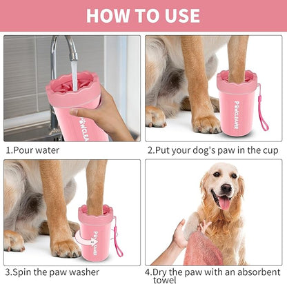 Dog Paw Cleaner for Dogs, (with 3Pcs Absorbent Towels & Adjustable Bath Brush) Dog Paw Washer, Pet Foot Cleaner (Pink, Medium)