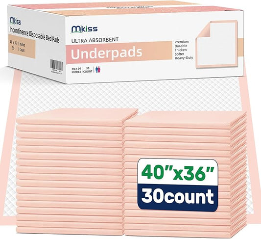 MKISS Extra Large Bed Pads 40" x 36"(30 Count), Disposable Super Absorbent Heavy Duty Incontinence Underpads, Thicken Chucks Pads for Adults, Children, Babies, Elderly and Pets