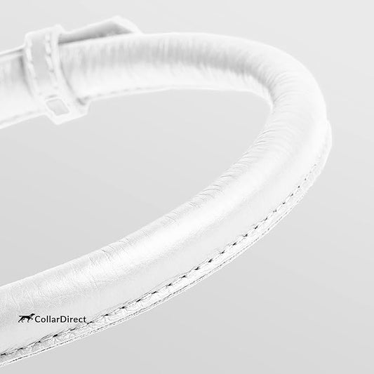 CollarDirect Rolled Leather Dog Collar, Soft Padded Round Puppy Collar, Handmade Genuine Leather Collar Dog Small Large Cat Collars 13 Colors (15-19 Inch, White Textured)