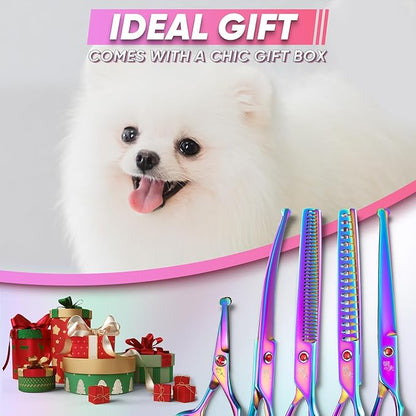 7" Dog Thinning Shears for Grooming, Multicolour Texturizing Scissors for Medium and Big Pets Japanese Stainless Steel 440C Sharp and Sturdy Grooming Shears for Novice and Professional Groomers