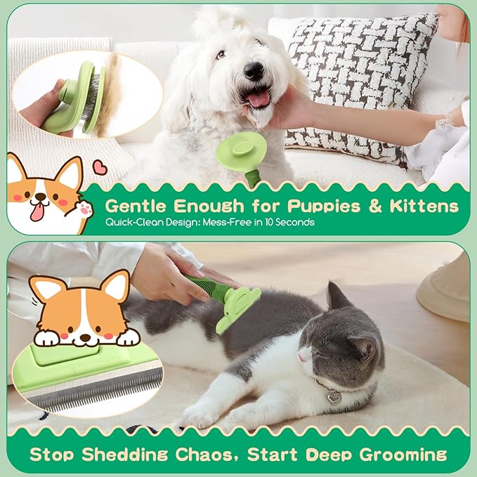 Nobleza 6PCS Dog Grooming Kit, Self-Cleaning Slicker Brush with Massage Tips, Dematting Comb for Shedding and Tangles, Ergonomic Bath Brush, Adjustable Handle, Safe for Dog Cat Puppy, Green