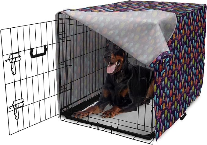 Lunarable Outer Space Dog Crate Cover, Cartoon Planets and Space Ships with Space Background Fun Science, Easy to Use Pet Kennel Cover for Medium Large Dogs, 42 Inch, Dark Blue