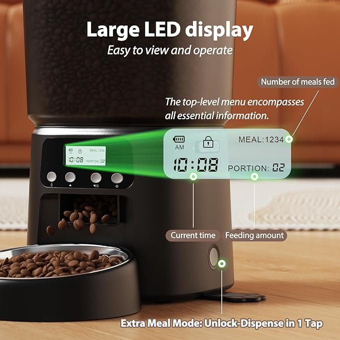 Automatic Cat Feeder, 4L Timed Dry Food Dispenser with Stainless Steel Bowl, Pet Food Feeder for Cats & Small Dogs, Programmable for 6 Meals & 30 Portions Per Day, 10S Voice Record, Dual Power, Black