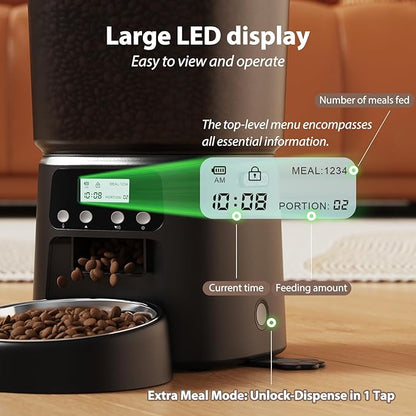 Automatic Cat Feeder, 4L Timed Dry Food Dispenser with Stainless Steel Bowl, Pet Food Feeder for Cats & Small Dogs, Programmable for 6 Meals & 30 Portions Per Day, 10S Voice Record, Dual Power, Black