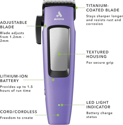Andis Easy Clip Adjustable Blade Cordless II Dog Clipper, 10 Piece Kit, Lithium-Ion Battery, Purple, 560017