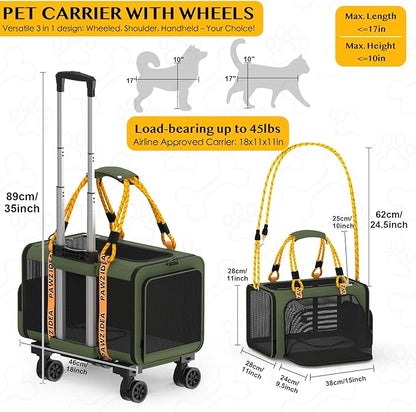 PAWZIDEA Expandable Pet Carrier with Wheels, 18X11X11 TSA Airline Approved Cat Carrier w/ID Card for 2 Cats, Small Dog Carrier Car Seat Travel Bag, Shoulder Strap as Dog Leash