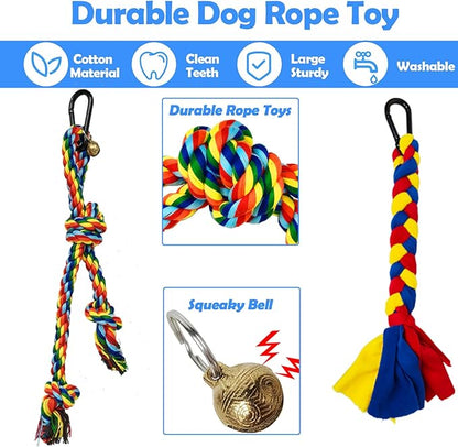 Outdoor Dog Toy,Interactive Exercise Game in Yard Park Tug of War Tether for Large Medium Small Dog with 2 Rope Toy and Bell Pull Chase and Solo Play