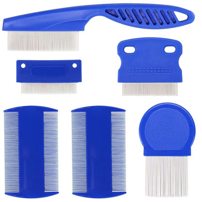 LoveBB 6-Pack Stainless Steel Flea & Lice Combs for Dogs & Cats - Double-Sided Fine Tooth Pet Grooming Comb for Tear Stain Removal & Dematting (Blue)