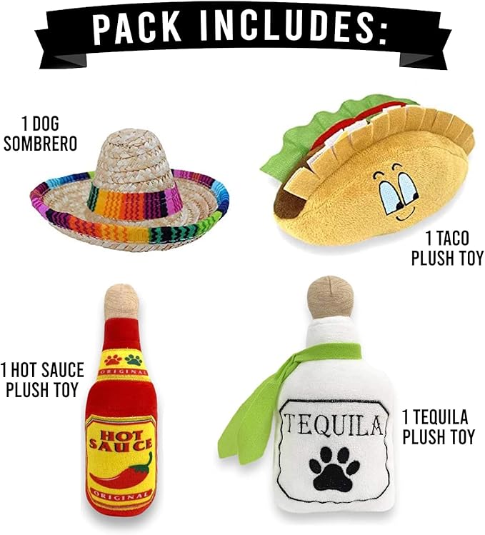 Baja Ponchos 4 Pack Fiesta Dog Chew Toys and Sombrero - Mexican Squeak Plush Toys - Dog Gifts for Chihuahuas - Taco - Tequila - Hot Sauce - for All Breeds