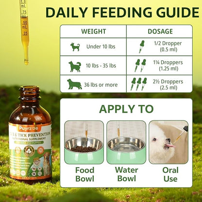 Natural Flea and Tick Prevention for Dogs, 60ML Herbal Formula with Multivitamins, Pumpkin Seed, Flea and Tick Treatment Supplement Drops for Dogs & Puppies - Supports Immunity, Skin & Coat Support