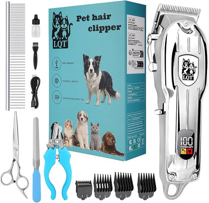Dog Clippers for Grooming for Thick Coats, Professional Pet Hair Clippers Supplies Kit Low Noise Rechargeable Stainless Steel Hair Trimmer with Ceramic Blade for Dogs Cats Animals (Silver)
