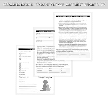 Pet Grooming Intake Forms, Consent & Release, Matted Coat Clip-Off Agreement, Pet Report Card | 50 pk, 25 of each, dbl sided | 8.5x11” Groomer Signature Client Grooming Tips Black and White Minimalist