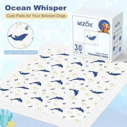 MIZOK Puppy Pads, 36"x36" Dolphin Print Dog Pee Pads Extra Large with Adhesive Tabs, Leak-Proof, 6-Layer Leak-Proof Super Absorbent, Quick-Dry Disposable (30 Count)