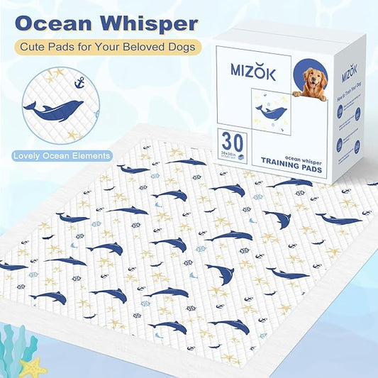 MIZOK Puppy Pads, 36"x36" Dolphin Print Dog Pee Pads Extra Large with Adhesive Tabs, Leak-Proof, 6-Layer Leak-Proof Super Absorbent, Quick-Dry Disposable (30 Count)
