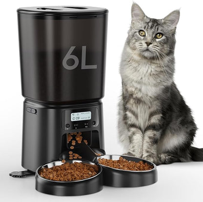 Automatic Cat Feeder for 2 Cats, 6L Timed Cat Dry Food Dispenser Dog Feeder up to 6 Meals & 30 Portions per Day,10S Voice Record,Flexible Schedule Timer Pet Feeder for Small Dogs, Black