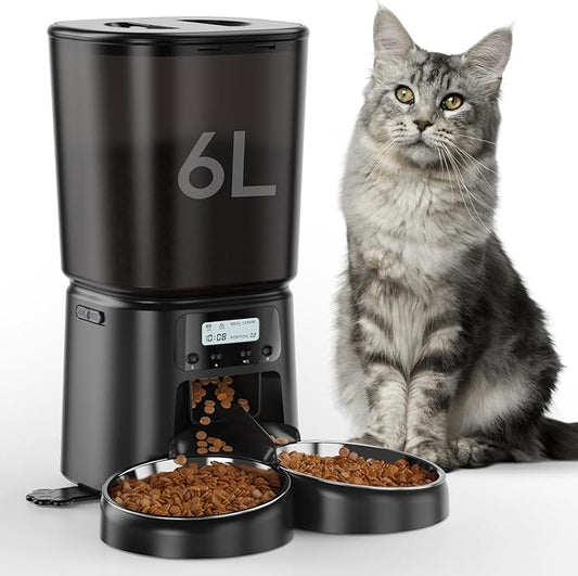 Automatic Cat Feeder for 2 Cats, 6L Timed Cat Dry Food Dispenser Dog Feeder up to 6 Meals & 30 Portions per Day,10S Voice Record,Flexible Schedule Timer Pet Feeder for Small Dogs, Black