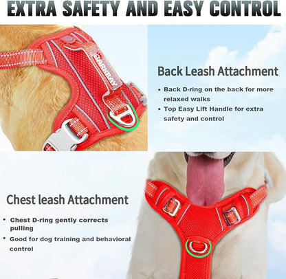BARKBAY No Pull Dog Harness Large Reflective Dog Harness with Front Clip and Easy Control Handle for Walking Training Running with ID tag Pocket(Red,S)