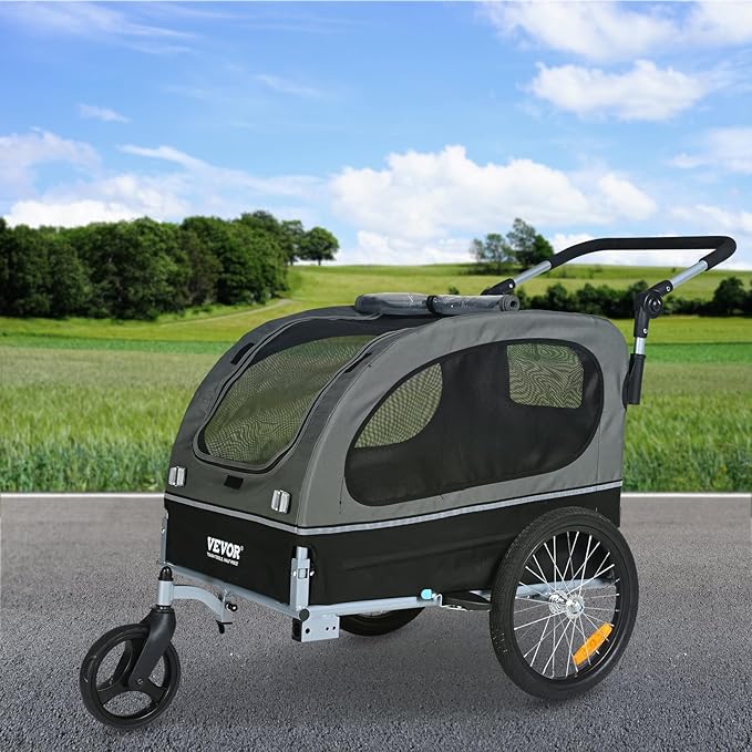 VEVOR Dog Bike Trailer, Supports up to 88 lbs, 2-in-1 Pet Stroller Cart Bicycle Carrier, Easy Folding Cart Frame with Quick Release Wheels, Universal Bicycle Coupler, Reflectors, Flag, Black/Gray