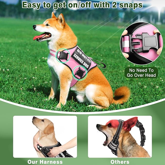 Service Dog Vest Harness and Leash Set+10 Patches,No Pull&Easy Walk Reflective Dog Harness with Soft Padded Handle for Training/Everyday,Fit Small/Medium/Large/Extra-Large Dogs (Pink L)