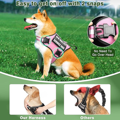 Service Dog Vest Harness and Leash Set+10 Patches,No Pull&Easy Walk Reflective Dog Harness with Soft Padded Handle for Training/Everyday,Fit Small/Medium/Large/Extra-Large Dogs (Pink L)