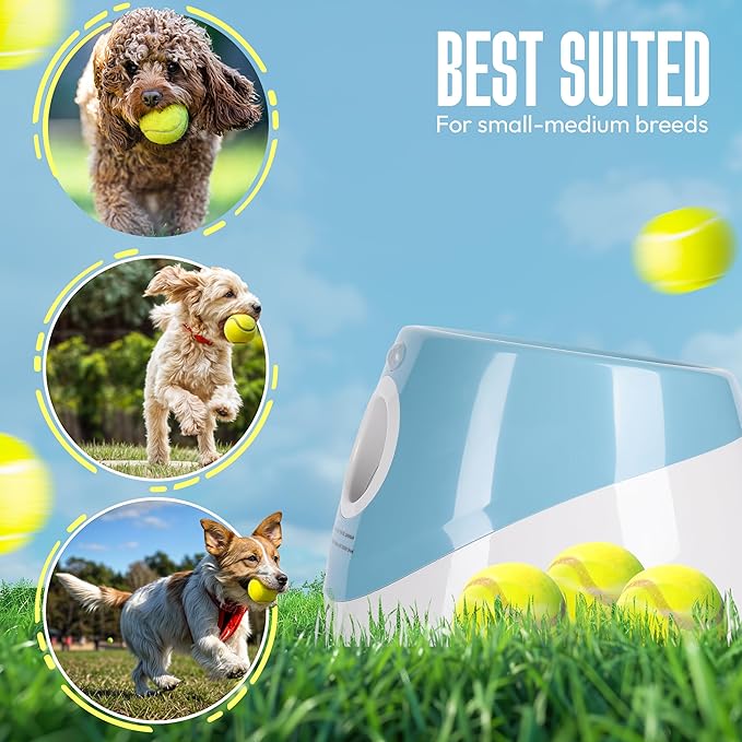 Automatic Dog Ball Launcher for Small Dogs – Dog Ball Thrower for Indoor Outdoor with 3 Adjustable Distance Settings 10ft, 20ft, and 30ft – Interactive Toy with 3 Mini Tennis Balls 2 Inch