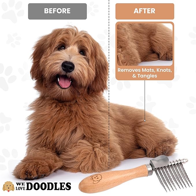 Dog Dematting Brush & Rake, Detangler Brush For Dogs, Comb Tool For Grooming, Best For Doodles, Poodles, Goldendoodles, Cats & Other Pets, Matted Fur Removal On Undercoat [We Love Doodles] (Small)