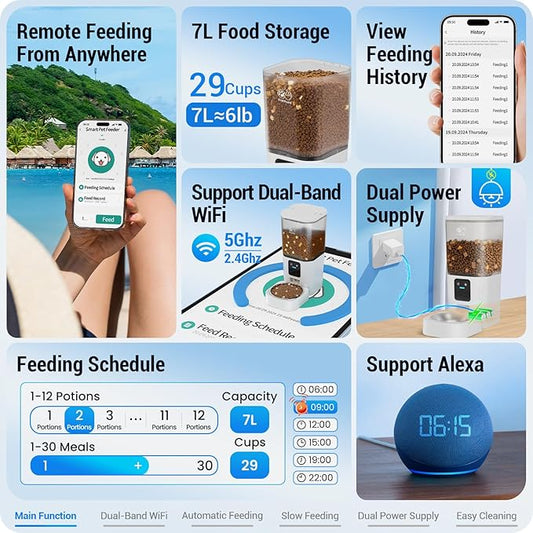 Automatic Cat Feeder with Slow Feed: 5G WiFi Automatic Dog Feeder with APP Control, 7L Auto Cat Food Dispenser with Alexa for Multiple Pets, Detachable for Easy Cleaning - 29 Cup