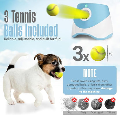 Automatic Dog Ball Launcher for Small Dogs – Dog Ball Thrower for Indoor Outdoor with 3 Adjustable Distance Settings 10ft, 20ft, and 30ft – Interactive Toy with 3 Mini Tennis Balls 2 Inch
