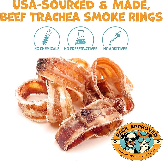 Beef Trachea for Dogs Smoke Rings - Natural Dog Chews Rawhide Free - Rich in Glucosamine Chondroitin for Joint Support, Mobility, & Training - Crunchy Dog Trachea Treats - (10 oz)