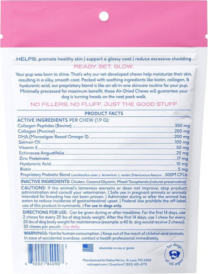 Native Pet Omega Skin and Coat Chews for Dogs - Dog Skin and Coat Supplement for Healthy, Shiny Fur, Reduce Shedding and Dry Spots - Made with Omega 3 Fish Oil and Wild-Caught Salmon Oil - 30 Chews