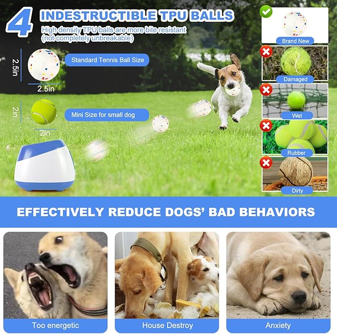 Automatic Ball Launcher for Dogs, 40-80Ft Distance Dog Ball Thrower Launcher, Rechargeable Automatic Dog Balls Launchers with 4 Balls (2.5"), Remote Control Thrower for Medium/Large Dogs (Blue)